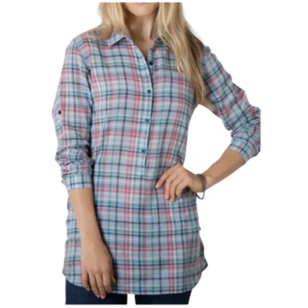 Toad&Co Women's Airbrush Tunic Long Sleeve Plaid Top Weathered Blue Size Medium